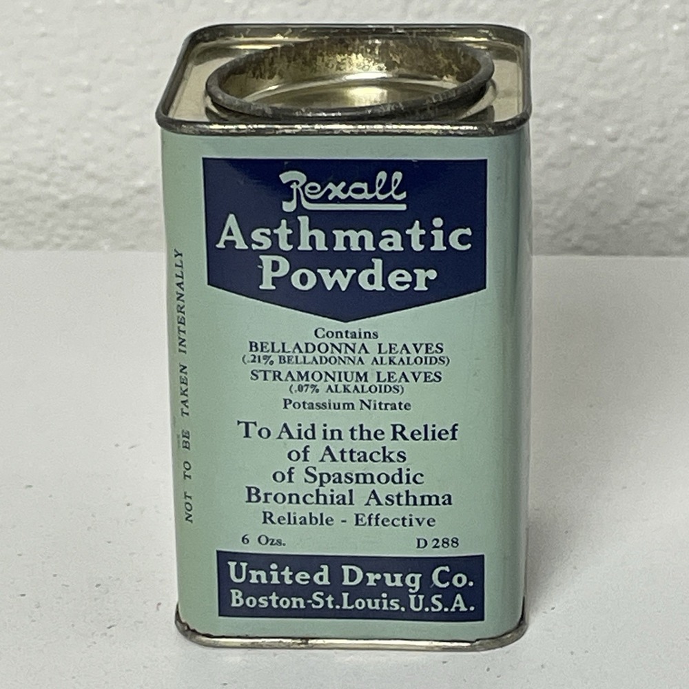 Vintage Rexall Asthmatic Powder Medicine Tin Drug Store Pharmacy Advertising